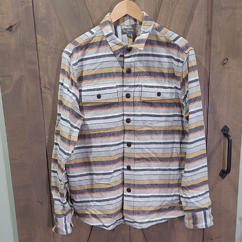 L.L. Bean Signature Multicolor Blue Gray Tan Striped Flannel Shirt Slim Large